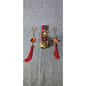 Vintage Swiss Cowbell and Vintage Enamel Asian Korea Keychains